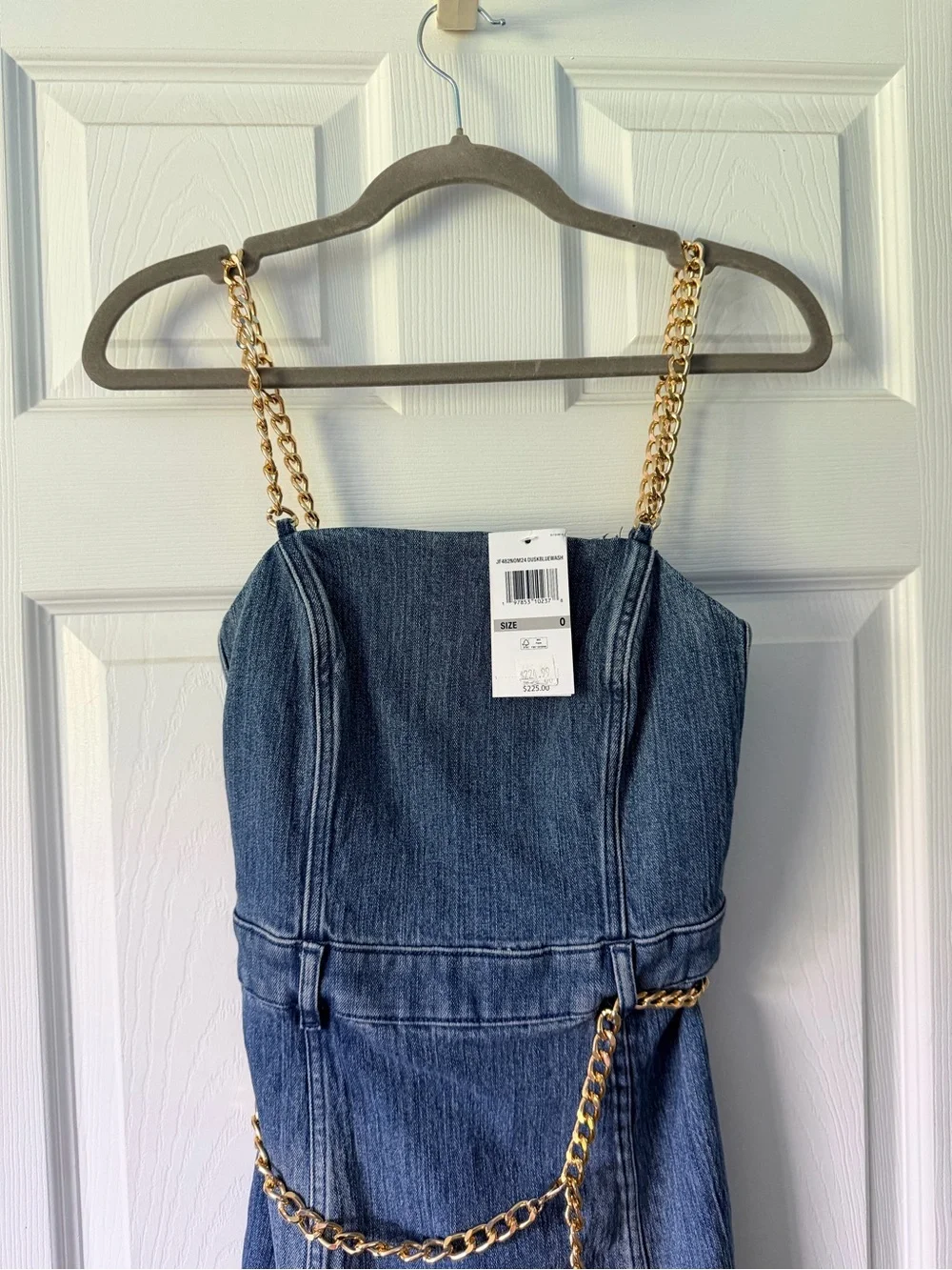 Michael Kors Denim Strapless Dress with Gold Chain Detail